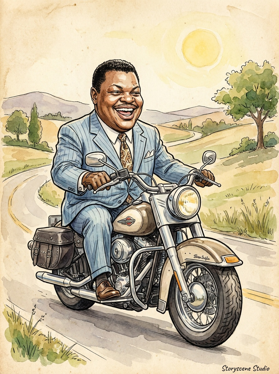 Caricature riding a motorcycle down a country road