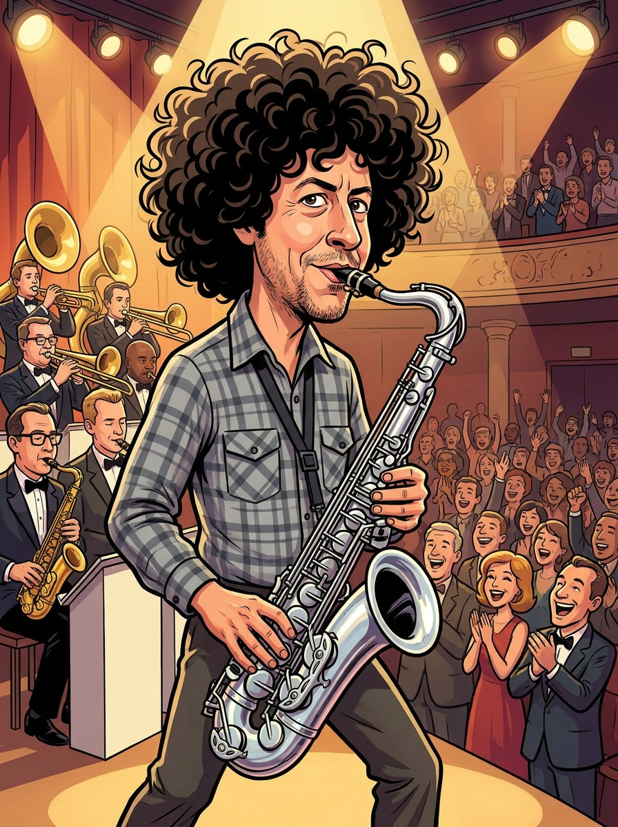 Caricature playing saxophone on stage before a cheering crowd